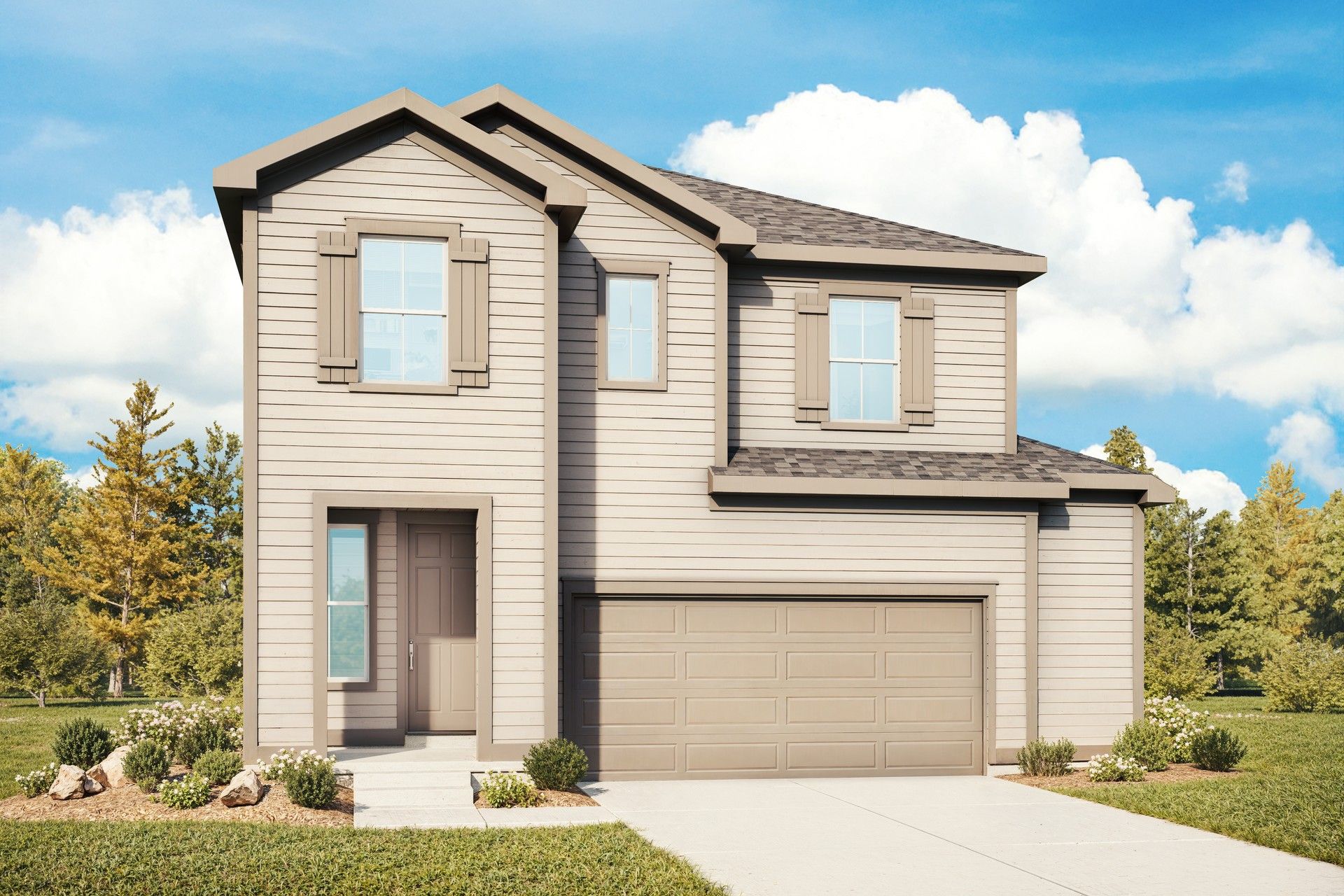 Modern Beige Two-Story Home with Garage in Countryside Setting:Experience luxury in this beige two-story home with elegant gray trim and large windows, nestled in serene countryside.
