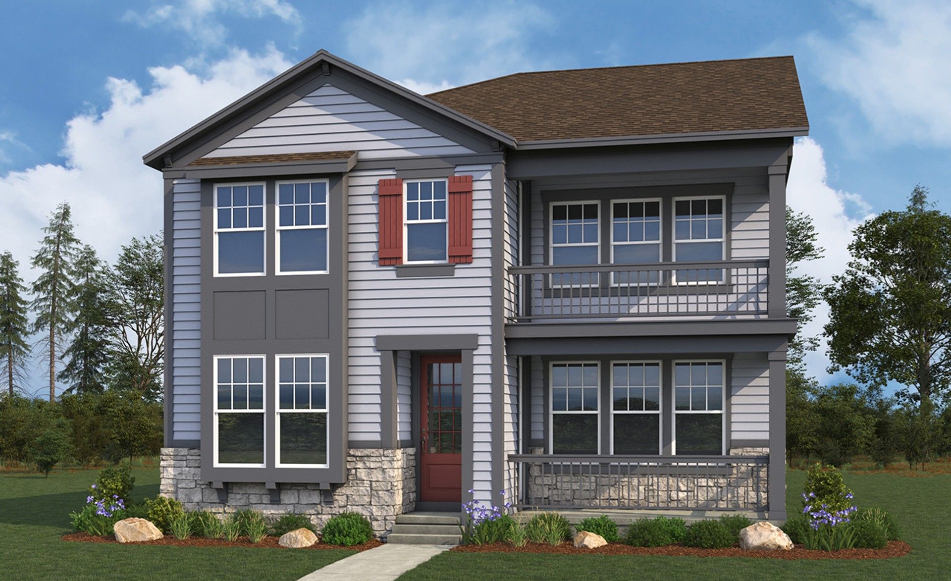 Modern Two-Story House with Red Shutters in Windler:Elegant two-story home with expansive windows and striking stonework, located in Windler.