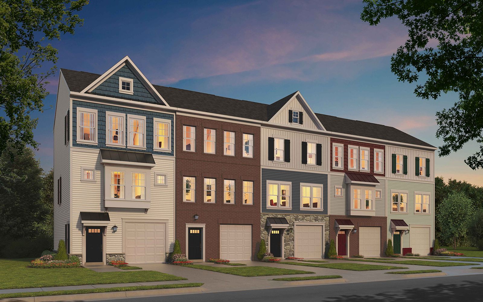 Skyline Elevation:An exterior rendering of the Skyline townhome at Snowden Bridge by Brookfield Residential.