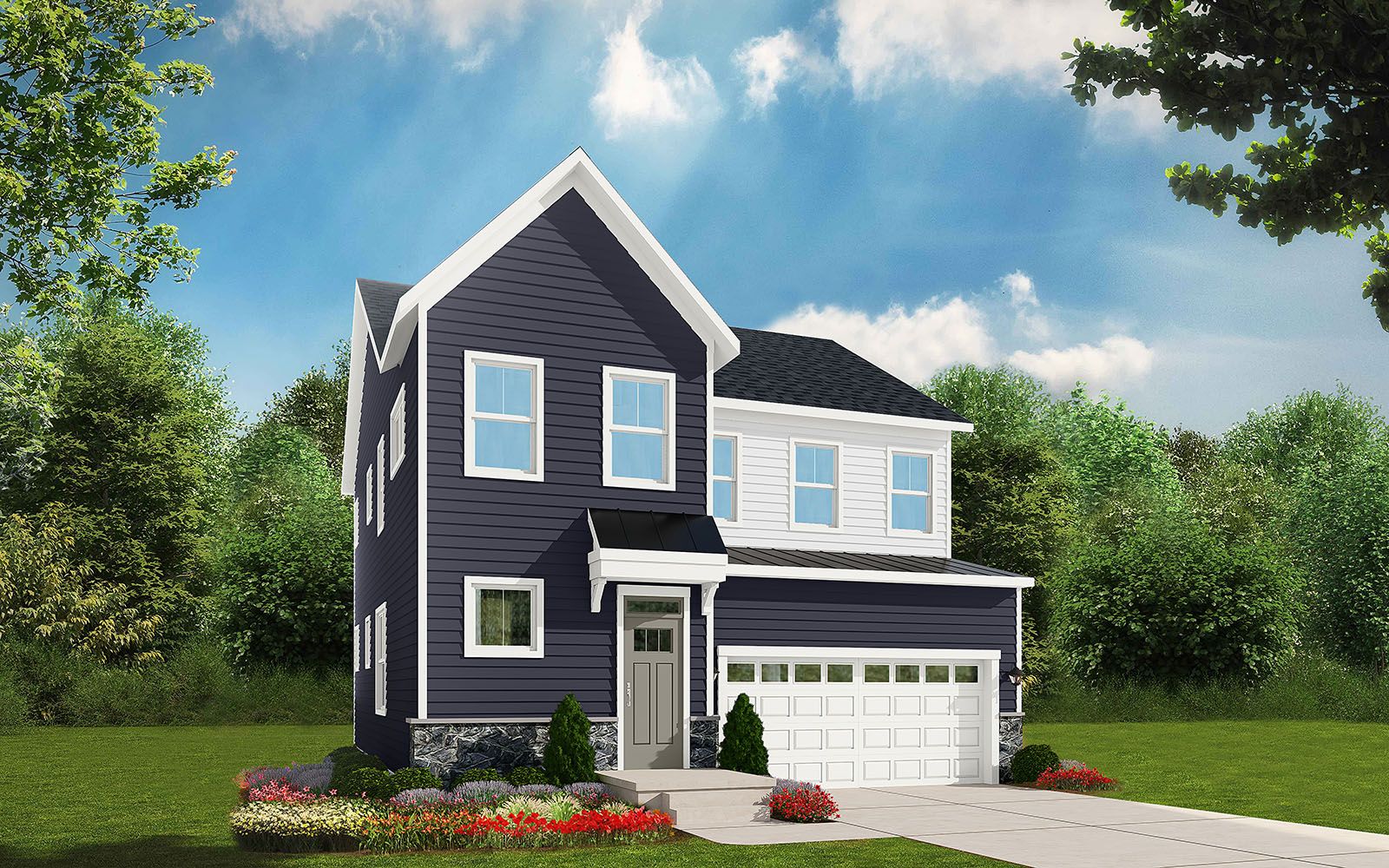 Exterior:A rendering of elevation 1 of the Monroe single family home at Snowden Bridge by Brookfield Residential.