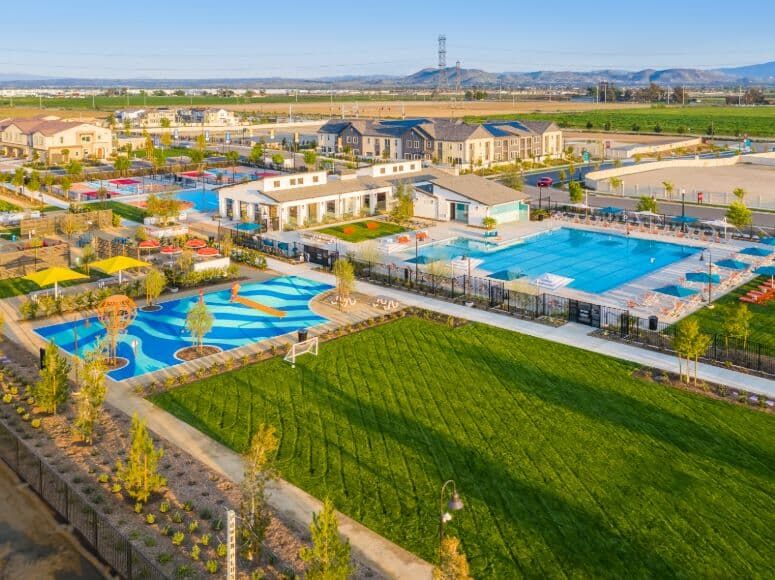 New Haven Community:Aerial view of Canvas Park amenity within New Haven in Ontario, CA