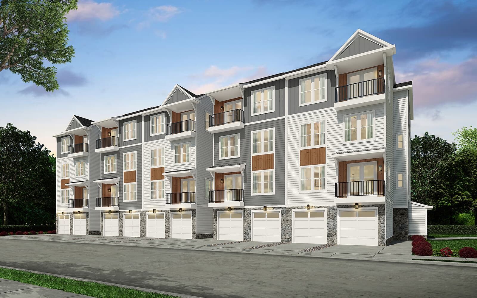 Exterior:A rendering of the private-elevator townhome-style condos by Brookfield Residential at Cascades at Embrey Mill.