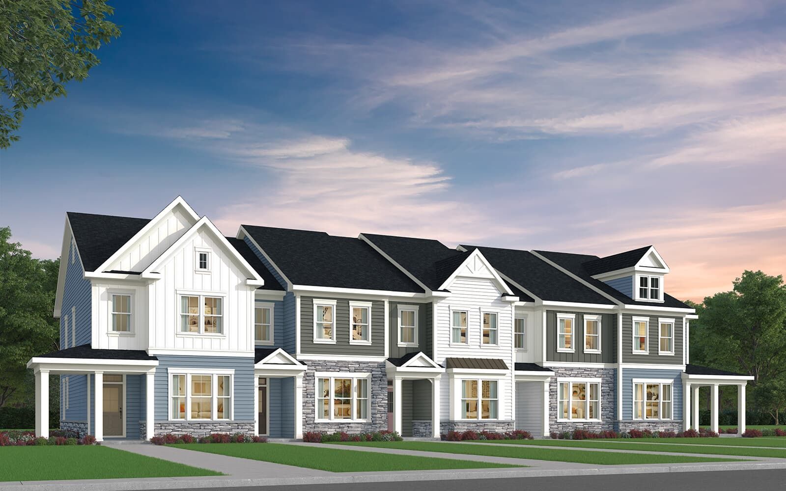 Exterior:The Lennox and Morgan townhomes at Wendell Falls by Brookfield Residential