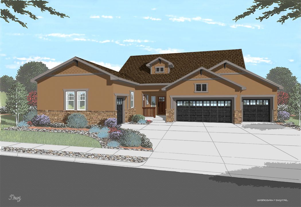 Adler Elevation:showing 3-car garage plus ADU garage