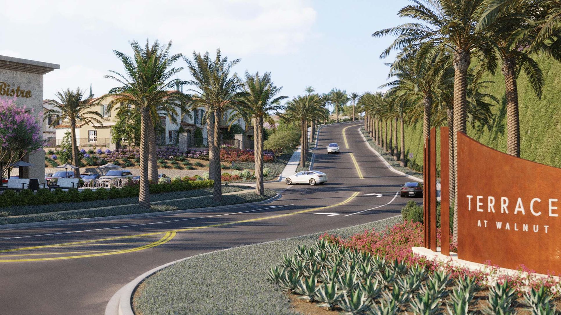 The Terraces at Walnut Community Monument Sign:Discover the perfect blend of luxury, serenity, and scenic beauty at Terraces at Walnut, where palm-lined streets and rolling hills create a resort-style atmosphere from the moment you arrive. As captured in this picturesque view, the community welcomes r