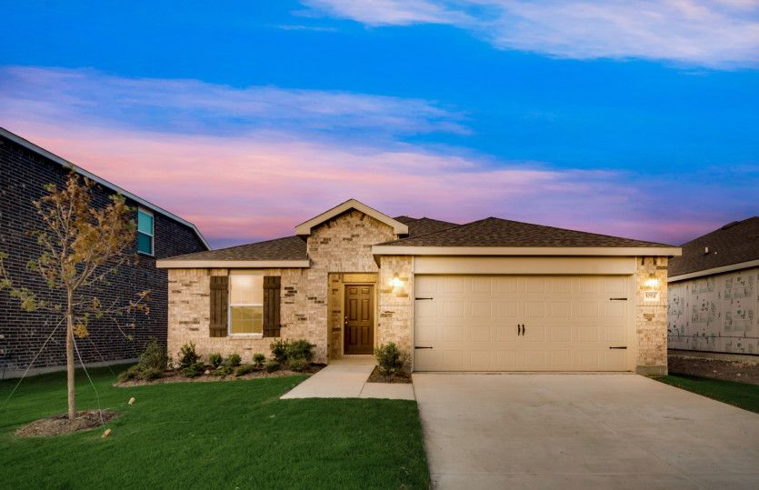 Morgan:The Morgan, a one-story home with 2-car garage, shown with Home Exterior O
