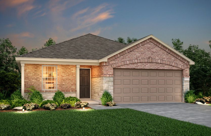 Independence:The Independence, a one-story home with 2-car garage, shown with Home Exterior Q