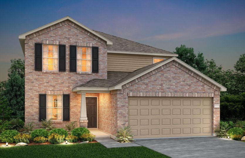 Exterior:The Mesilla, a two-story home with 2-car garage, shown with Home Exterior O *Model representation
