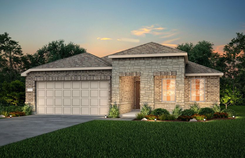Exterior:The Eastgate, a one-story home with 2 car garage, shown with Home Exterior LS202