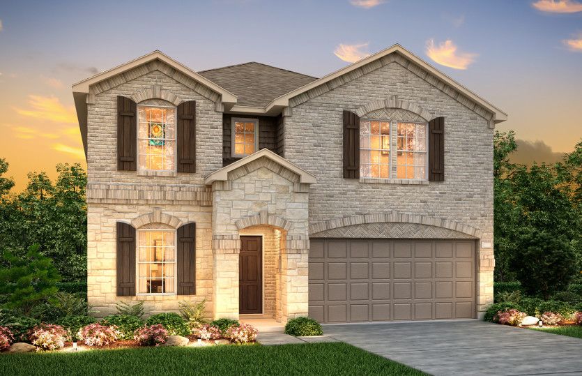 Exterior:The Kisko, a two-story home with 2-car garage, shown with Home Exterior Q *Model representation