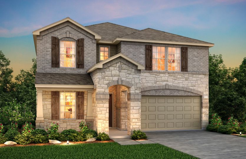 Exterior:The Kisko, a two-story home with 2-car garage, shown with Home Exterior R *Model representation