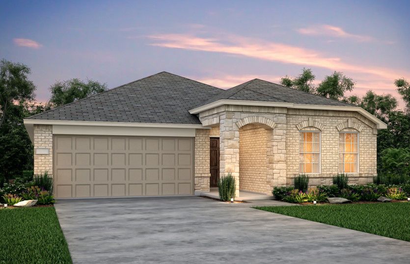 Exterior:The Killeen, a one-story home with 2-car garage, shown with Home Exterior F