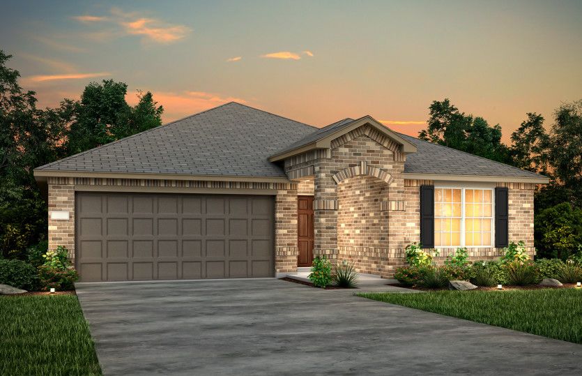 Exterior:The Killeen, a one-story home with 2-car garage, shown with Home Exterior D *Model representation
