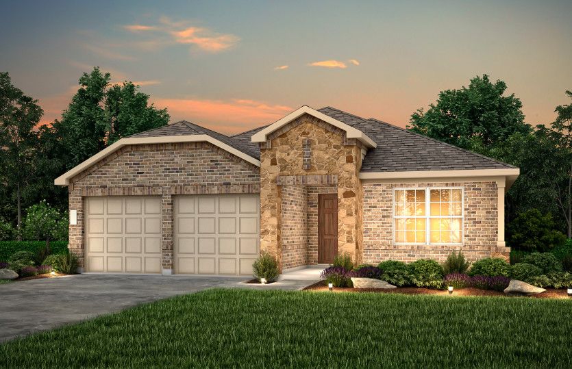 Exterior:The Morgan, a one-story home with 2-car garage, shown with Home Exterior LS201 *Model representation