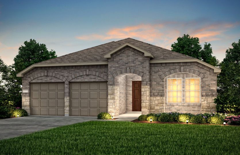 Exterior:The Morgan, a one-story home with 2-car garage, shown with Home Exterior S *Model representation
