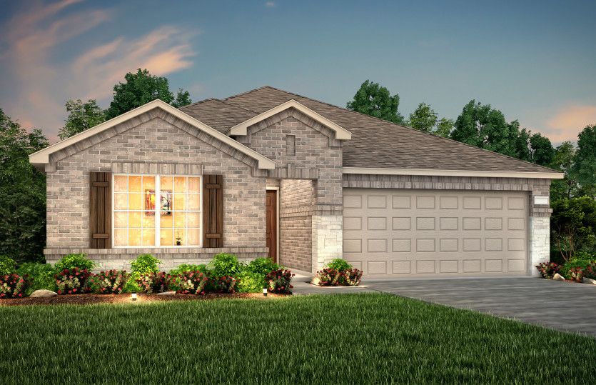 Exterior:The Rayburn, a one-story home with 2-car garage, shown with Home Exterior Q *Model representation