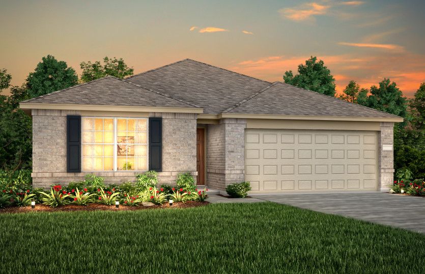 Exterior:The Serenada, a one-story home with 2-car garage, shown with Home Exterior N *Model representation