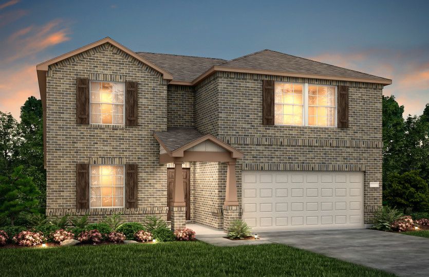Exterior:The Stockdale, a two-story home with 2-car garage, shown with Home Exterior O *Model representation