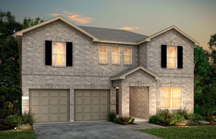 Exterior:The Thomaston, a two-story home with shutters, shown with Home Exterior D *Model representation