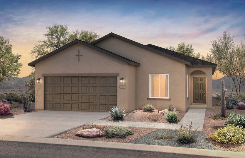 Sage:The single-story Sage shown in Elevation A features a shingle roof and covered front entry.