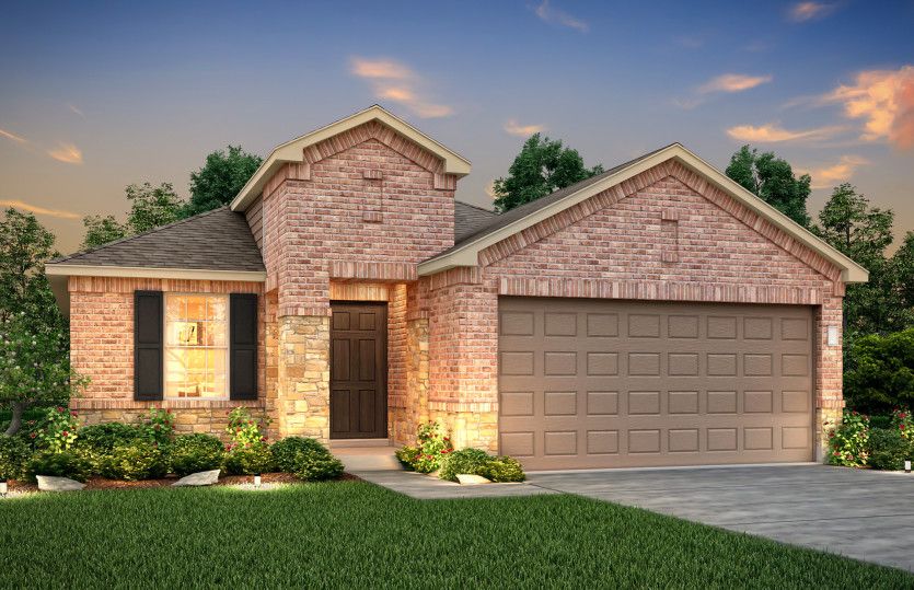 Exterior:The Hewitt, a one-story home with 2-car garage, shown with Home Exterior Q