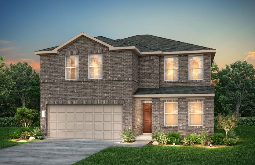 Exterior:The Enloe, a one-story home with 2-car garage, shown with Home Exterior TR201