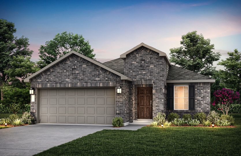 Exterior:The Hewitt, a one-story home with 2-car garage, shown with Home Exterior O