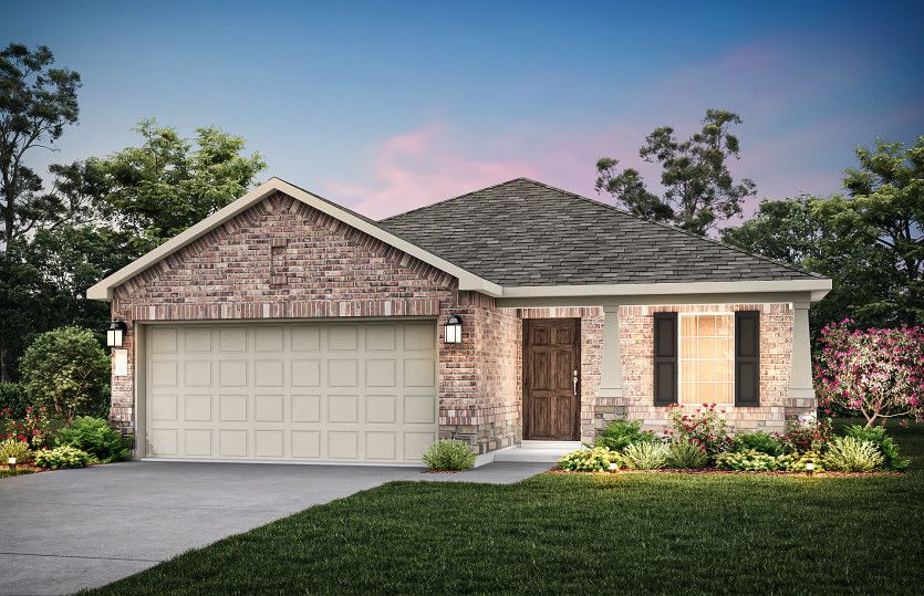 Exterior:The Hewitt, a one-story home with 2-car garage, shown with Home Exterior R *Model representation