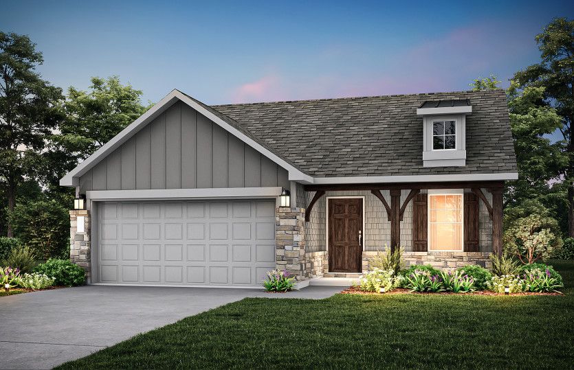 Exterior:The Hewitt, a one-story home with 2-car garage, shown with Home Exterior 28