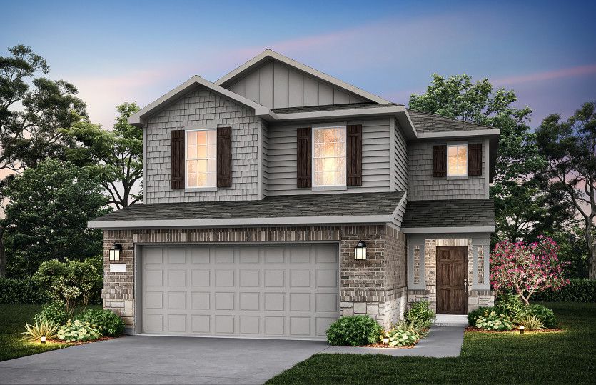 Exterior:The Camelia, a 2-story new construction home showing Home Exterior E *Model representation