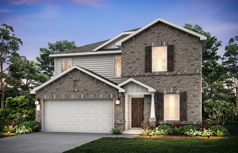 Exterior:The Sandalwood, a two-story home with 2-car garage, shown with Home Exterior O *Model representation