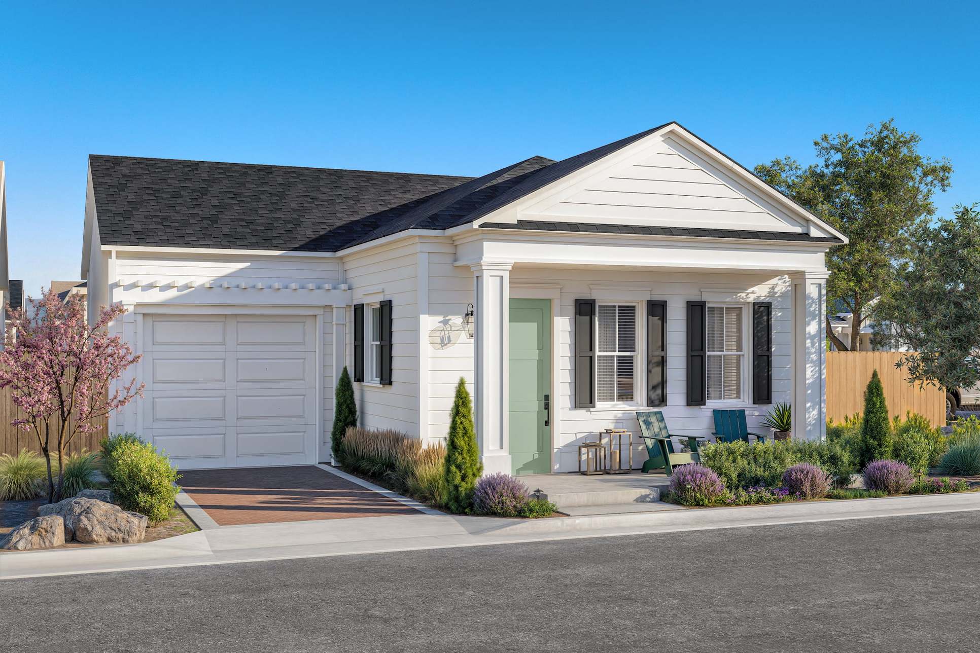 Plan 1 Colonial Cottage:The Monet Colonial Cottage exterior with welcoming front porch and landscaped entry at Bellecrest 55+ community in Santa Maria.