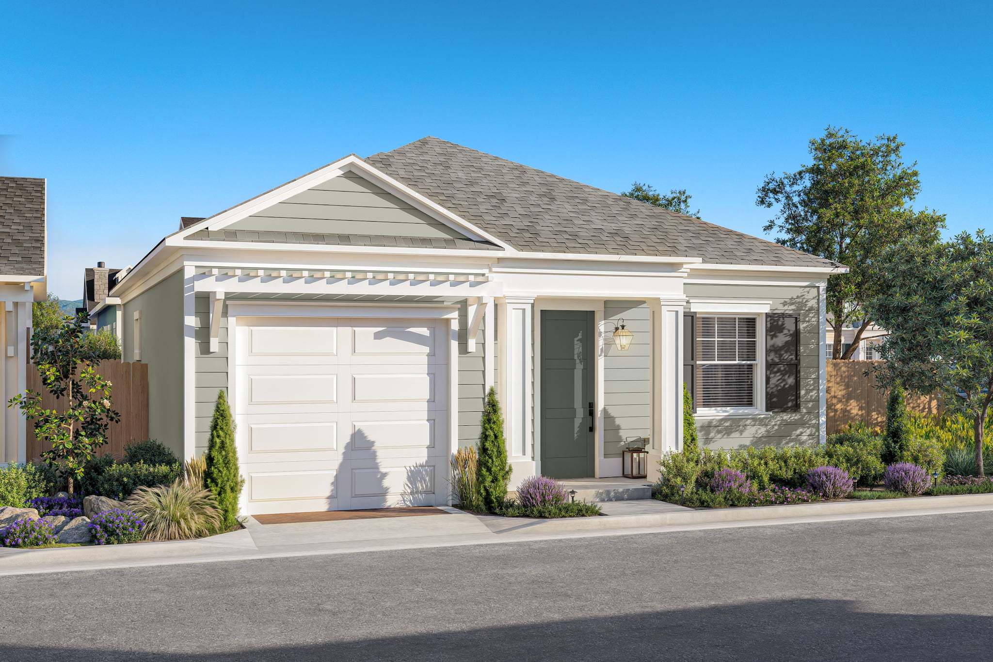 Plan 1 Colonial Cottage No Options:The Monet Colonial Cottage exterior with welcoming front porch and landscaped entry at Bellecrest 55+ community in Santa Maria.