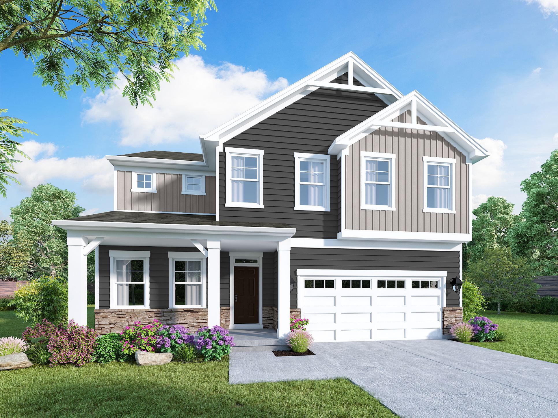 Kingsmark two-story craftsman elevation with gray siding, covered porch and two-car garage Cris...