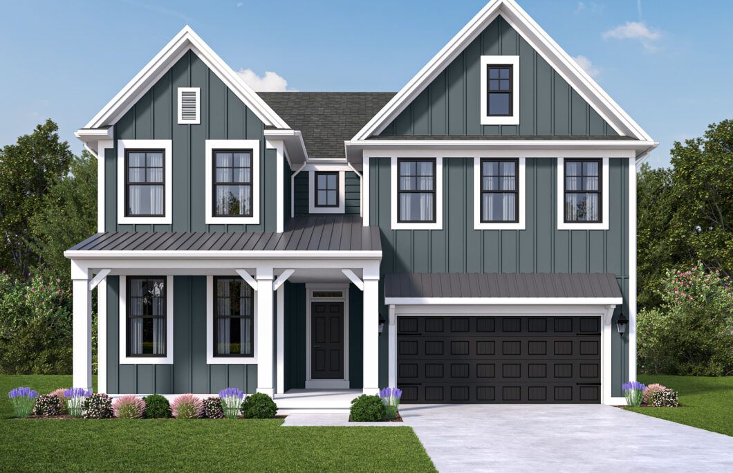 Everton two-story home elevation with green board-and-batten siding and covered porch Cristo Ho...