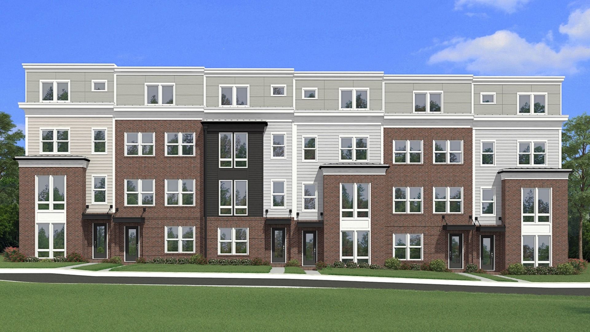 Cary Townhome Exterior:Cary Exterior Rendering -- Rear-Load, 2-Car Garage Townhomes at Northfax West Located in the City of Fairfax