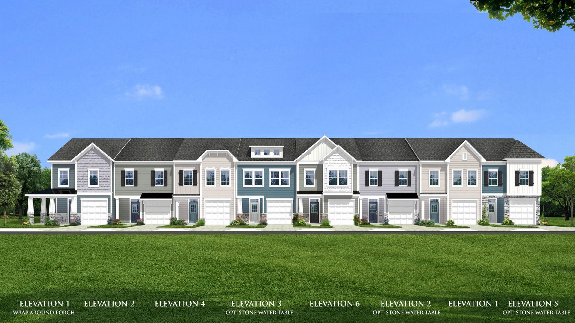 Lynnhaven Elevations 1-6:Elevation rendering of the DRB Homes Lynnhaven Townhome Design. They are two stories with a one-car garage and driveway.