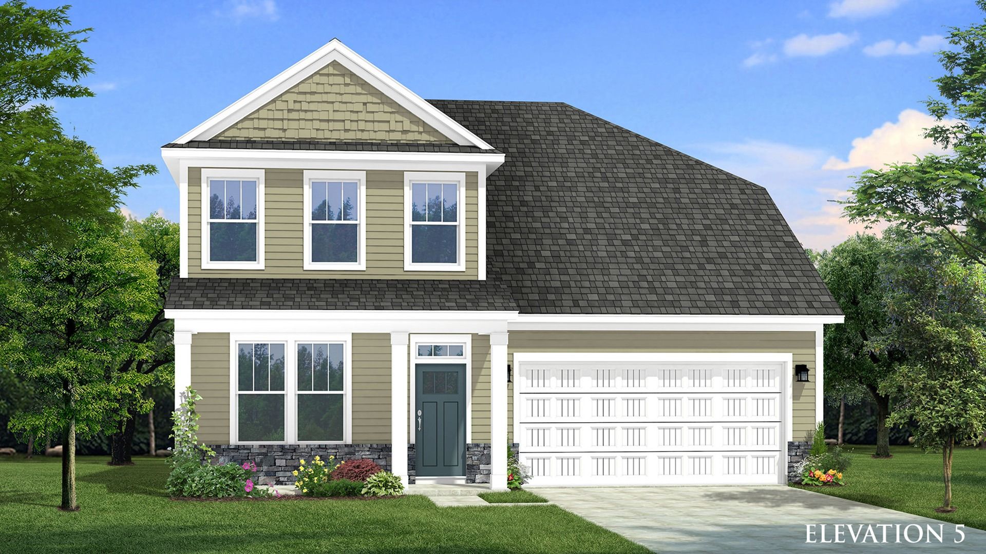 Augusta Elevation 5:Two-story single family home with brown siding, stone water table, a covered front porch and 2 car garage.