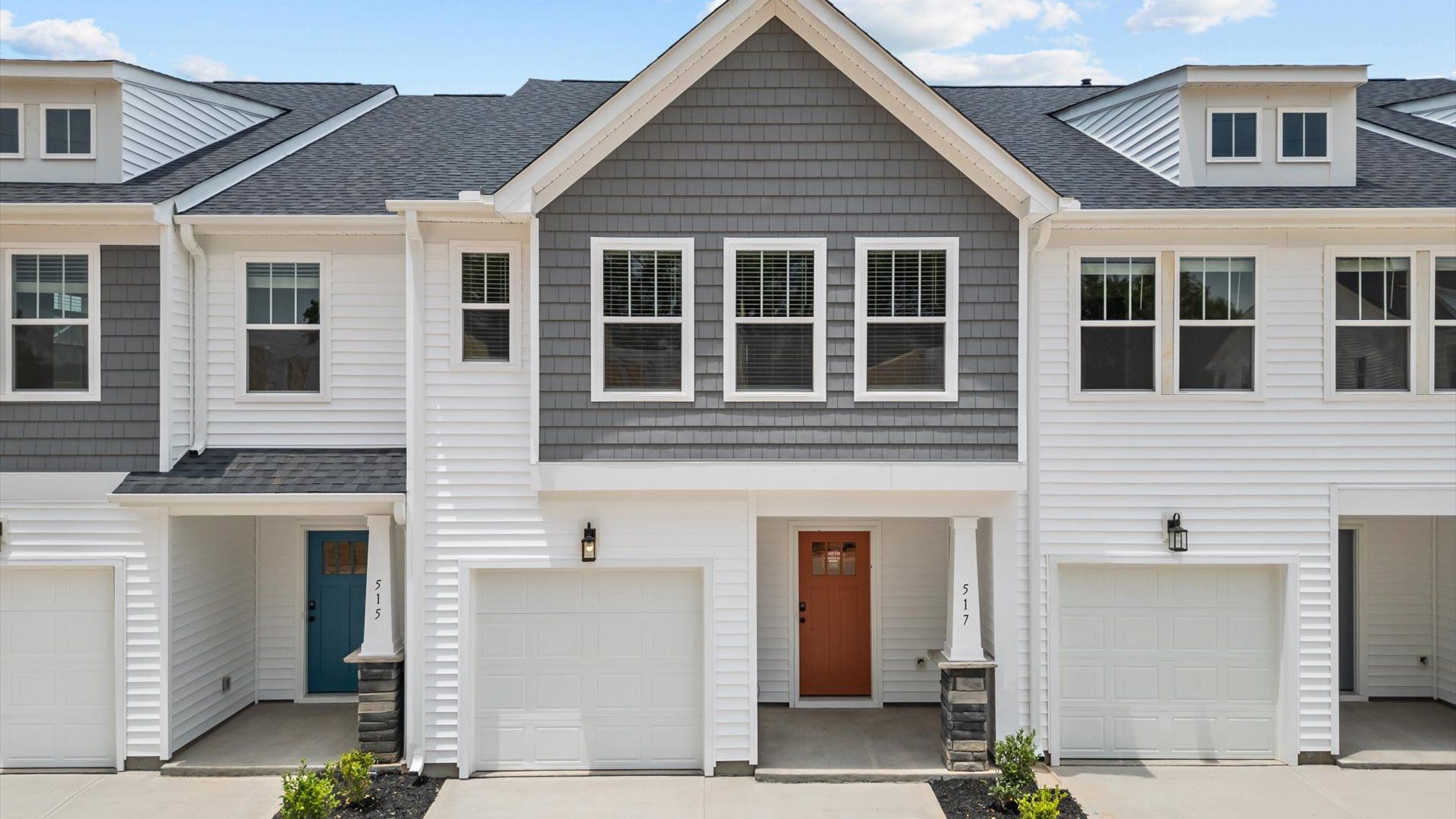Exterior of two story townhome at Hickory Heights by DRB Homes near Downtown Greenville, SC:Townhome with garage at Hickory Heights by DRB Homes near Downtown Greenville