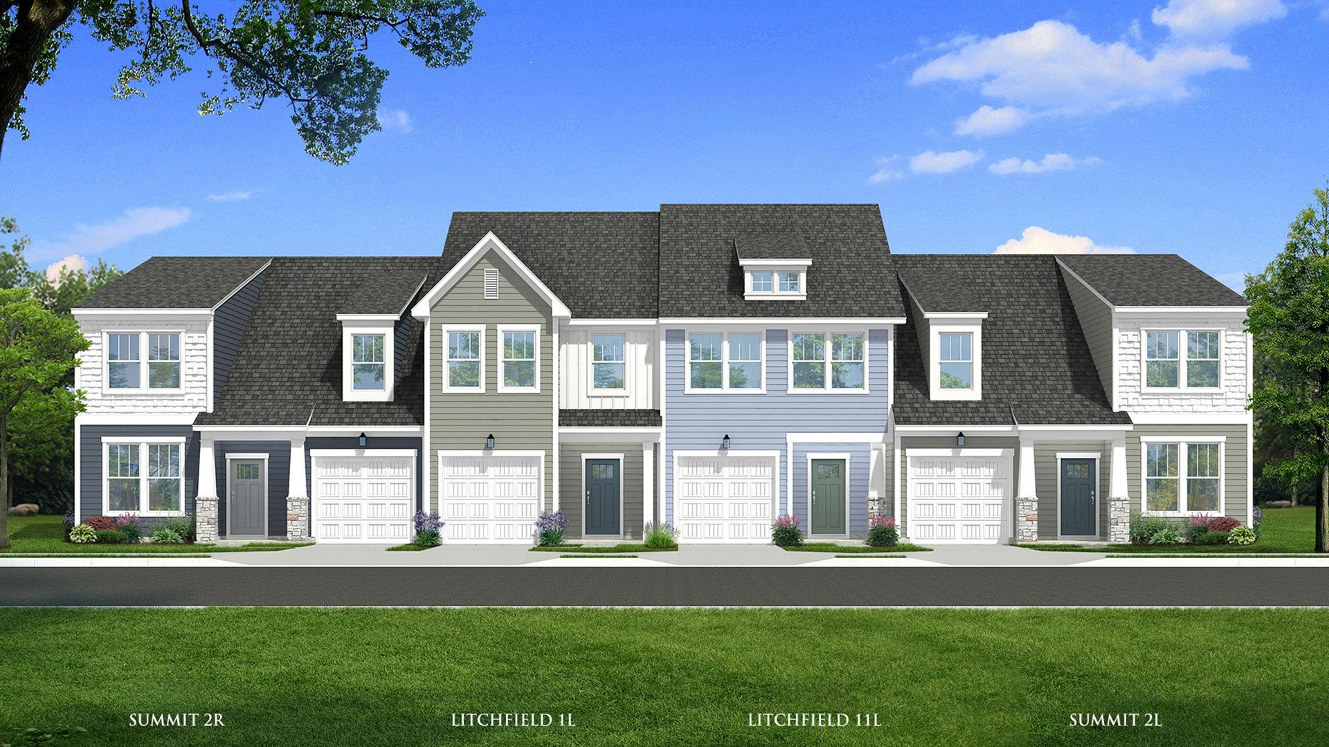 Rendering of a townhome in Lyman, SC at Aspen Ridge by DRB Homes with included lawn maintenance:Rendering of a townhome building with pastel color siding, with craftsman style exteriors in the town of Lyman, SC