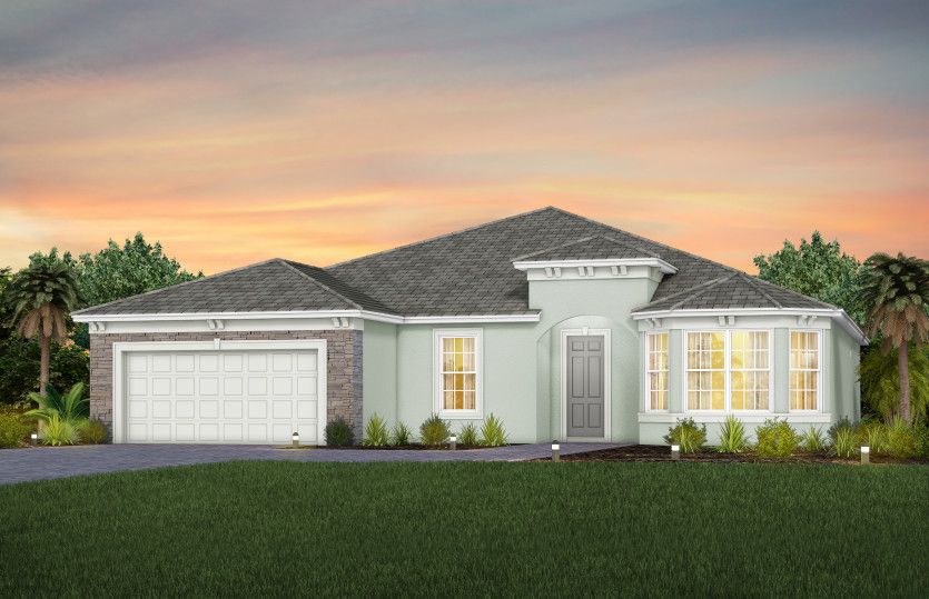 Stardom:The Stardom, a one-story single family home with a 2 car garage, shown as home exterior FM3
