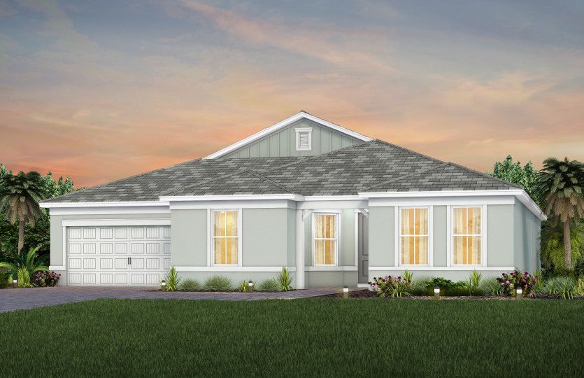 Reverence:The Reverence, a one-story single family home with a 2 car garage, shown as home exterior CO3