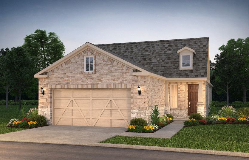 Exterior:The Compass, a one-story home with 2-car garage, shown with Home Exterior LS204