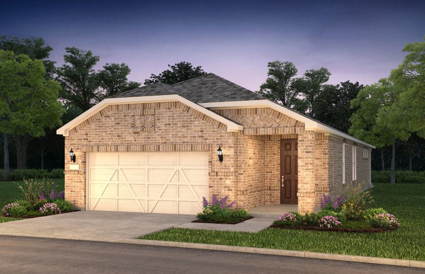Exterior:The Hallmark, a one-story home with 2-car garage, shown with Home Exterior LS202