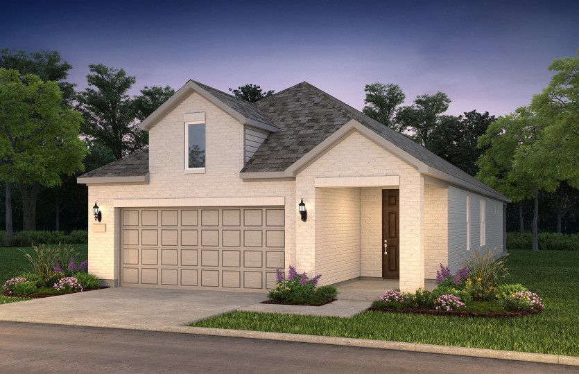 Exterior:The Hallmark, a one-story home with 2-car garage, shown with Home Exterior TR201