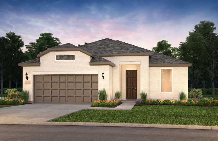 Exterior:The Mainstay, a one-story home with 2-car garage, shown with Home Exterior TR201 *Model representation
