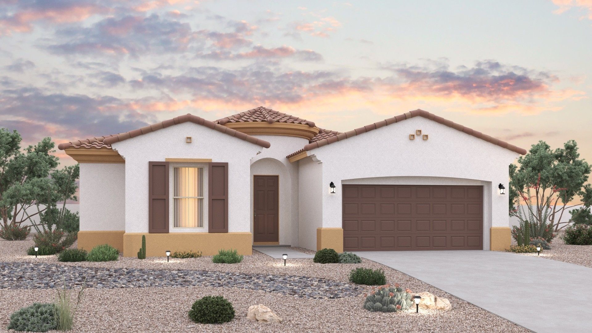 Stunning single-family home design with modern architecture elements:Elevation A – Spanish Colonial