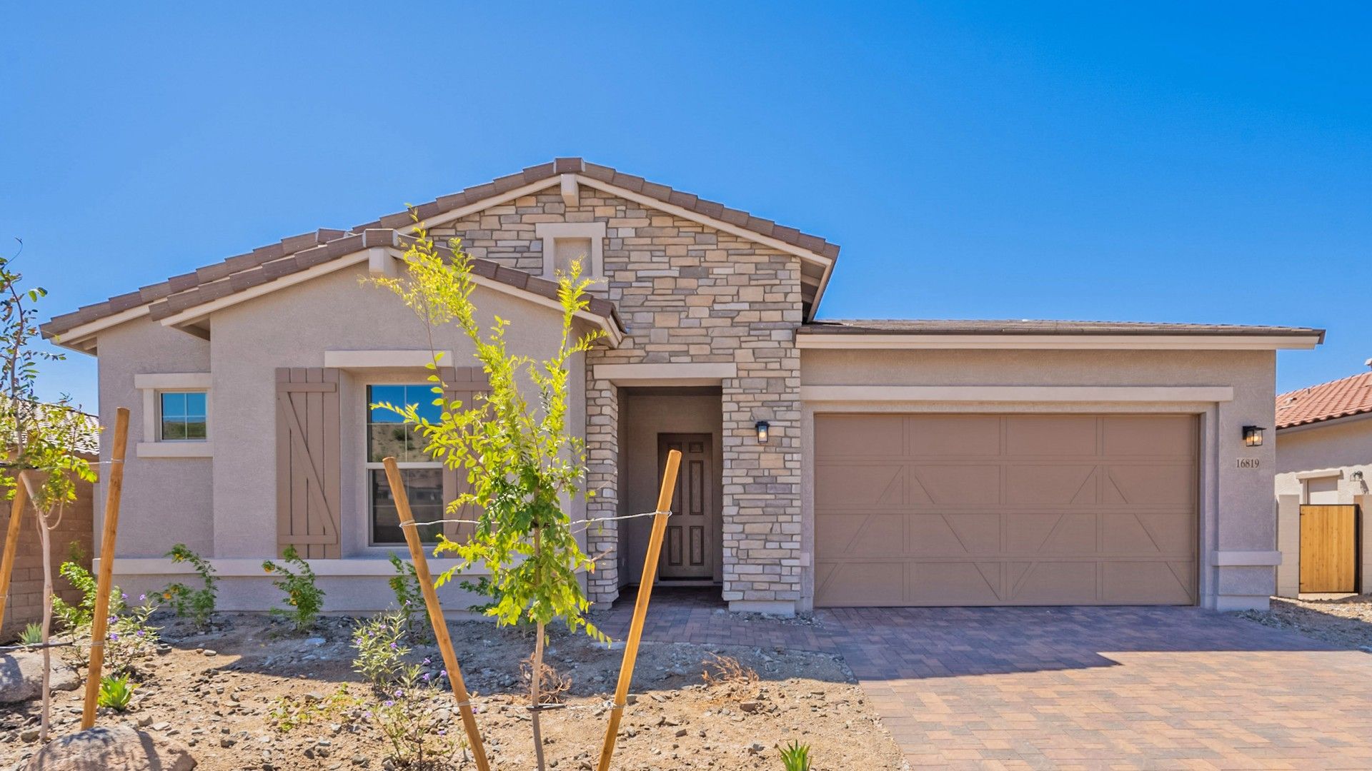 Single-Family Home Design with Stone Facade and Modern Architecture:Elevation B – Ranch Hacienda