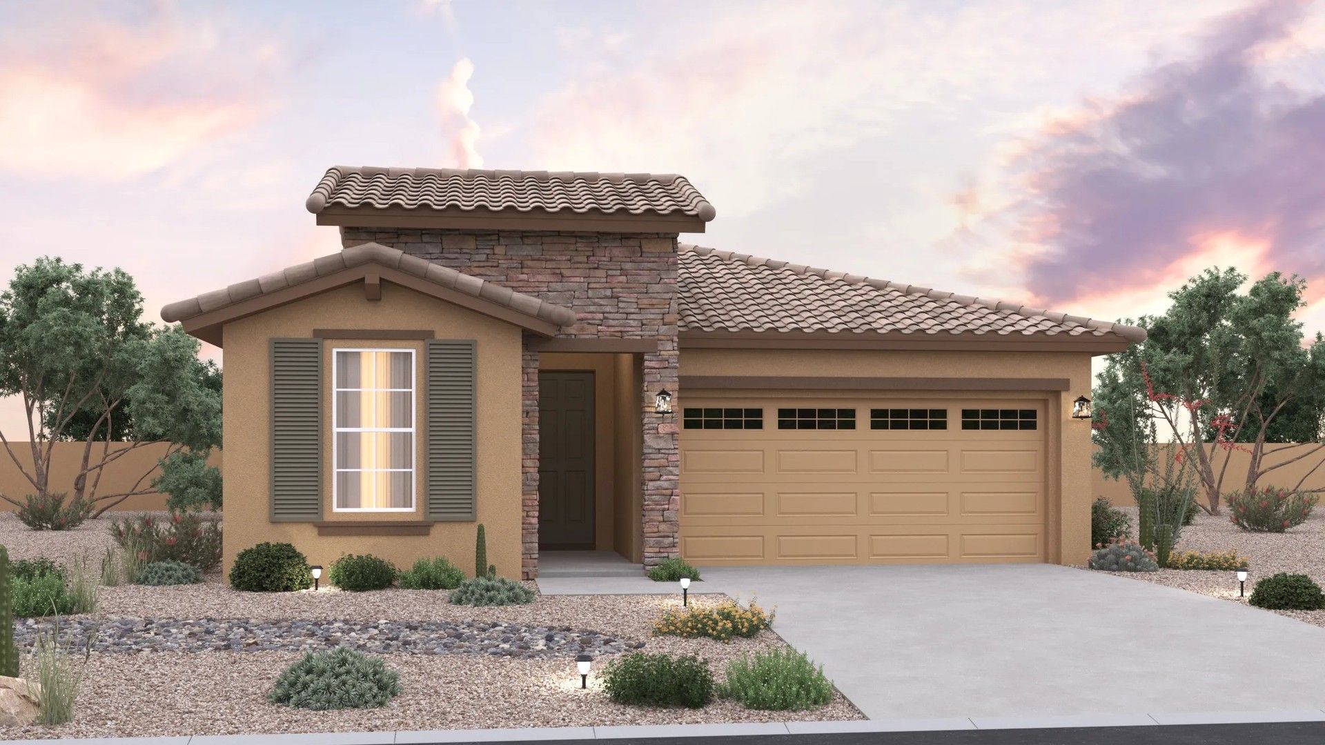 Charming Single-Story Home in The Villas at Mystic with Stone Facade:Luxurious stone facade and sleek tile roofing define this exquisite home in The Villas at Mystic.