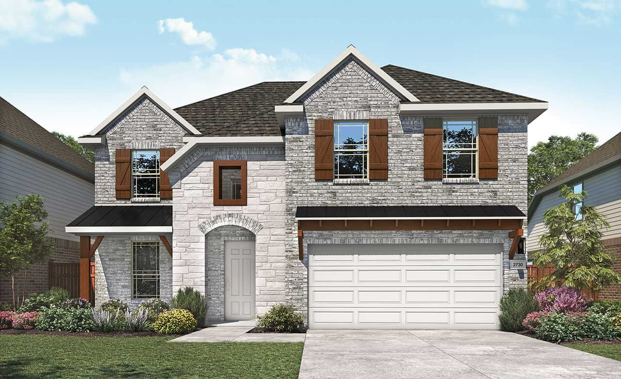 Two-Story Stone House with Shutters in Beamer Villas:Elegant stone facade and wooden accents define this Beamer Villas residence, exuding timeless sophistication.